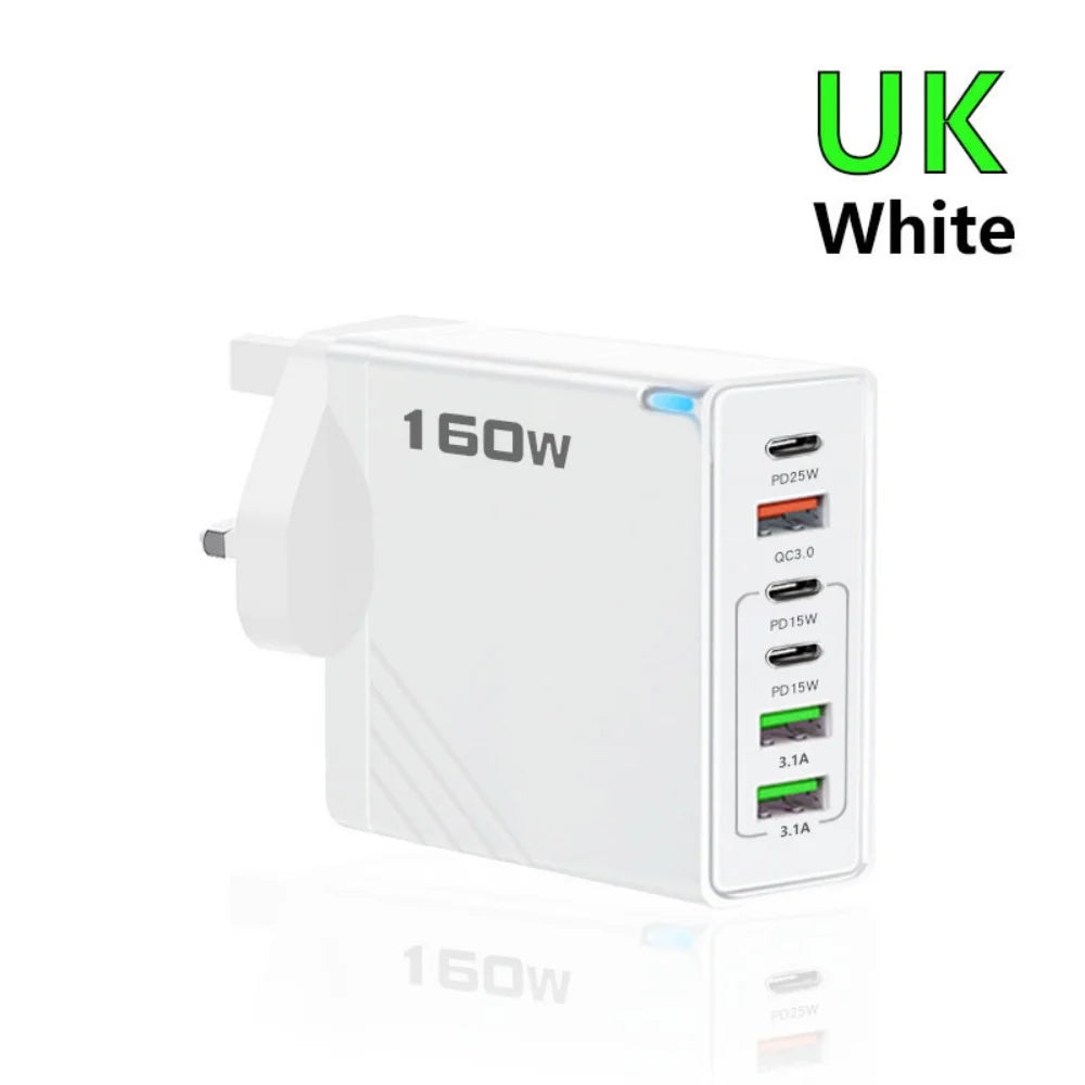 160W Multi-Port USB Charger – Fast Charging Type-C Wall Adapter for iPhone & Android