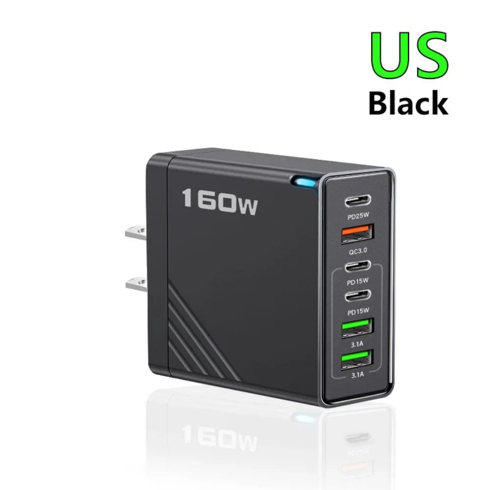 160W Multi-Port USB Charger – Fast Charging Type-C Wall Adapter for iPhone & Android