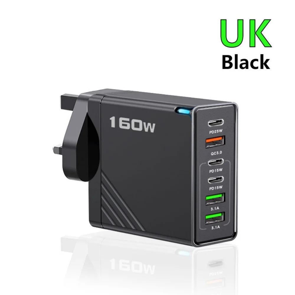 160W Multi-Port USB Charger – Fast Charging Type-C Wall Adapter for iPhone & Android