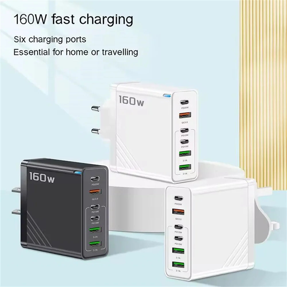160W Multi-Port USB Charger – Fast Charging Type-C Wall Adapter for iPhone & Android